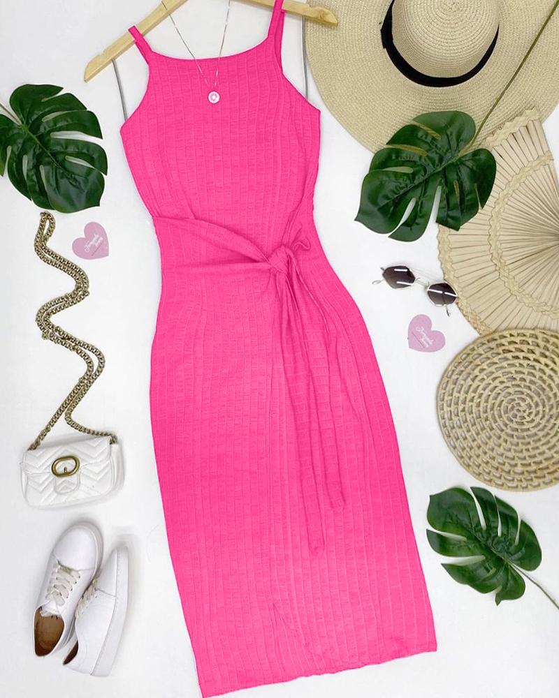 

Tied Detail Sleeveless Slit Dress, Hot pink