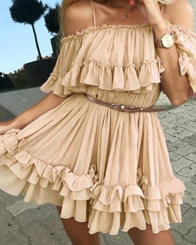 

Cold Shoulder Frill Layered Ruffles Dress, Khaki