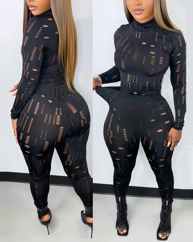 

Hollow Out Long Sleeve Top & Pants Set, Black