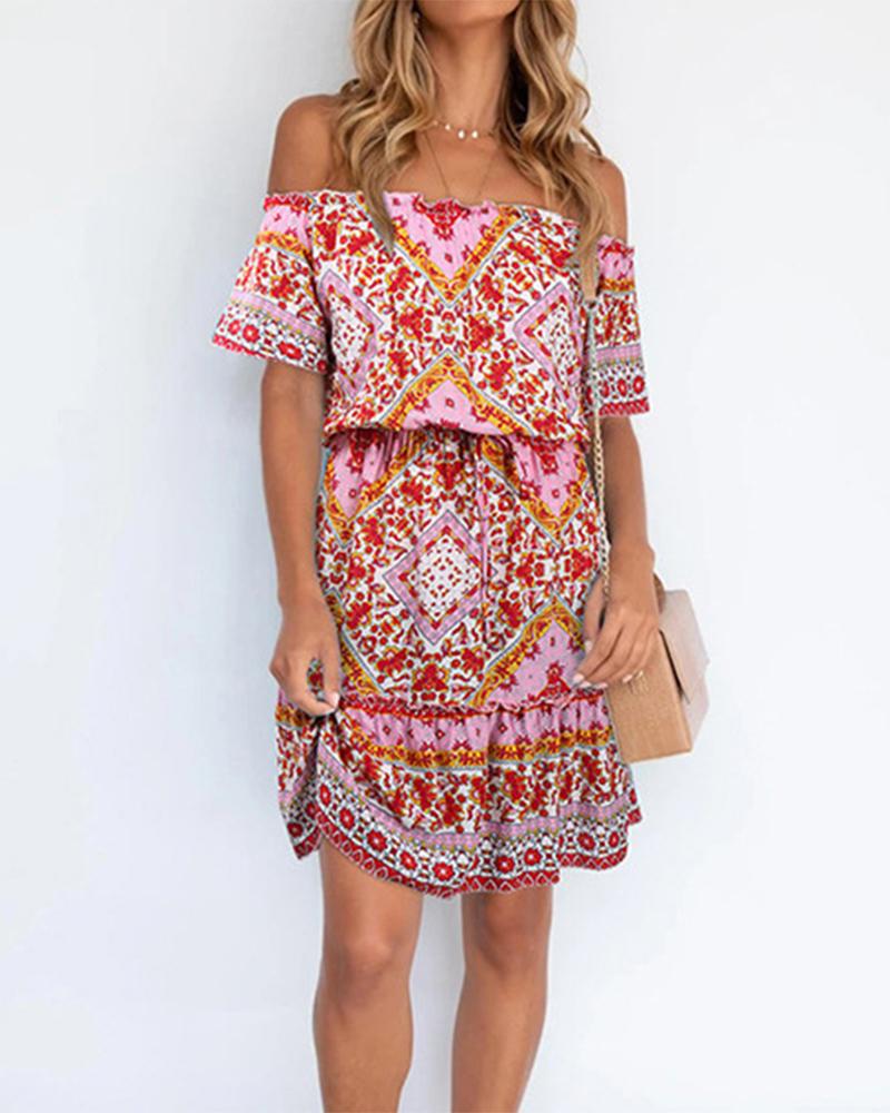 

Printed Floral Short Sleeve Cold Shoulder Bohemian Dress, Red