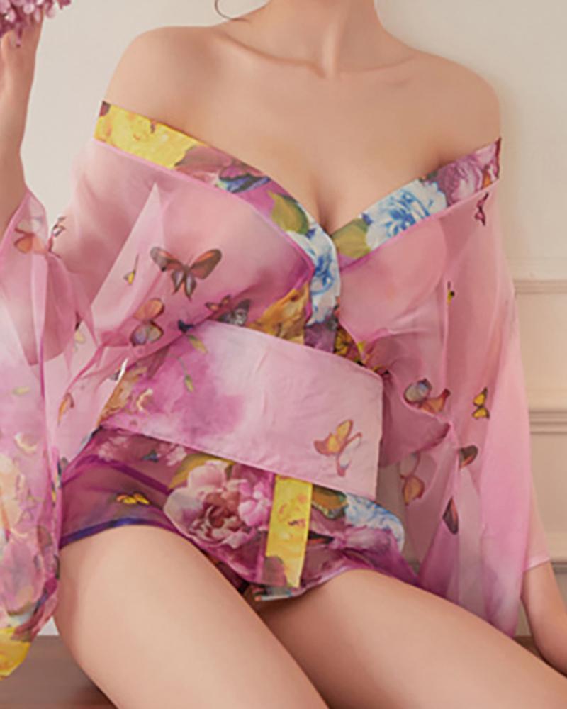 

Kimono Pattern Floral Print Robe With Thong, Pink