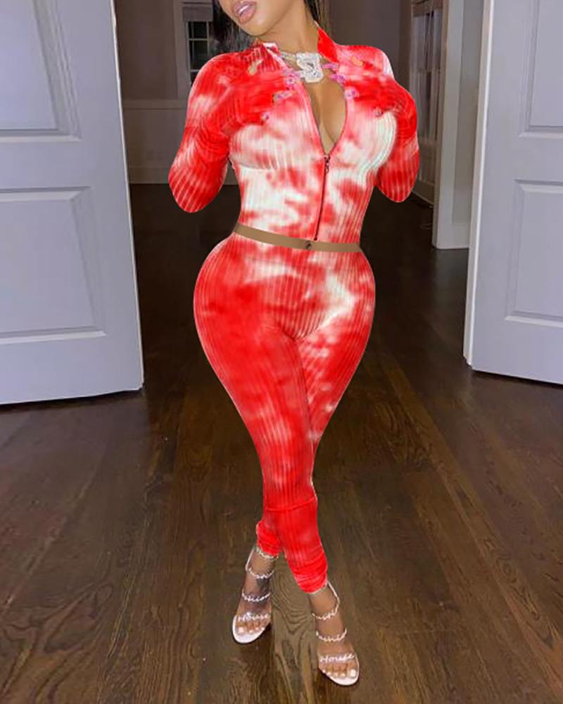 

Zipper Design Tie Dye Print Coat & Pants Set, Red
