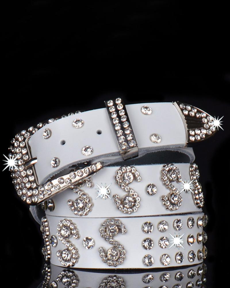 

Letter Pattern Rhinestone Decor Buckled PU Leather Belt, White