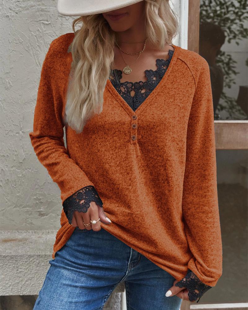 

Contrast Lace Long Sleeve Top, Orange