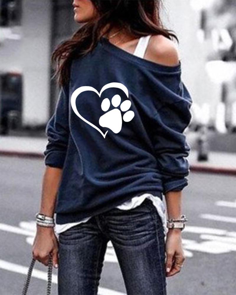 

Paw Heart Print Long Sleeve Casual Sweatshirt, Dark blue