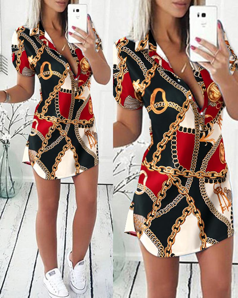 

Scarf Chain Print Button Front Shirt Dress, Multicolor