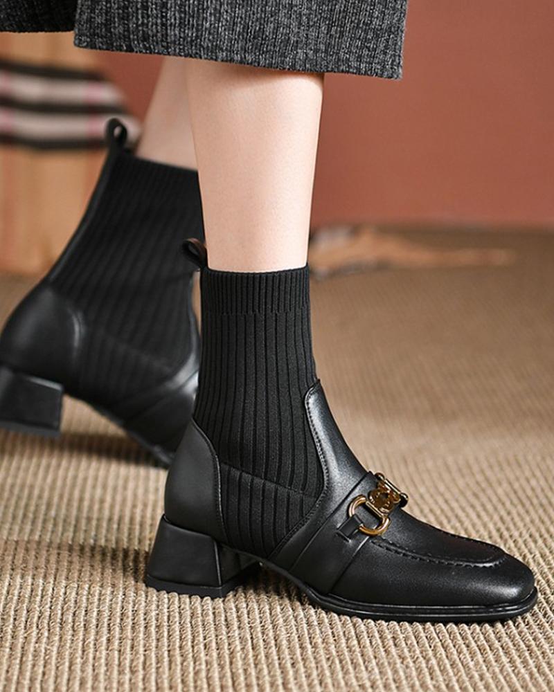 

Knitted Patchwork Square Toe Chunky Heels Ankle Booties, Black