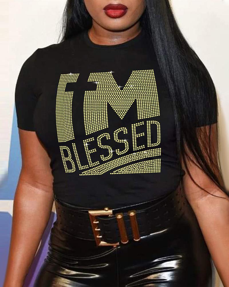 

Plus Size I'm Blessed Rhinestone Casual T-shirt, Black