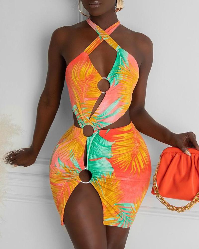 

Tropical Print O-Ring Cutout Bodycon Dress, Multicolor