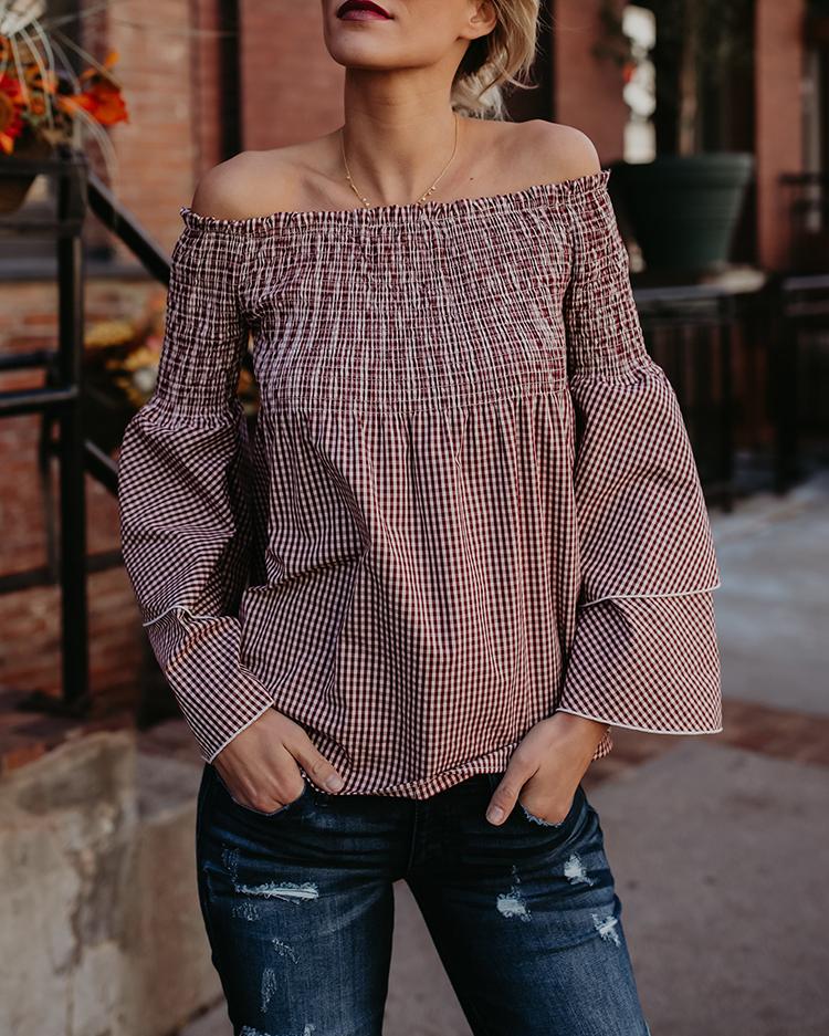 

Flared Layered Off Shoulder Shirring Blouse, Pink