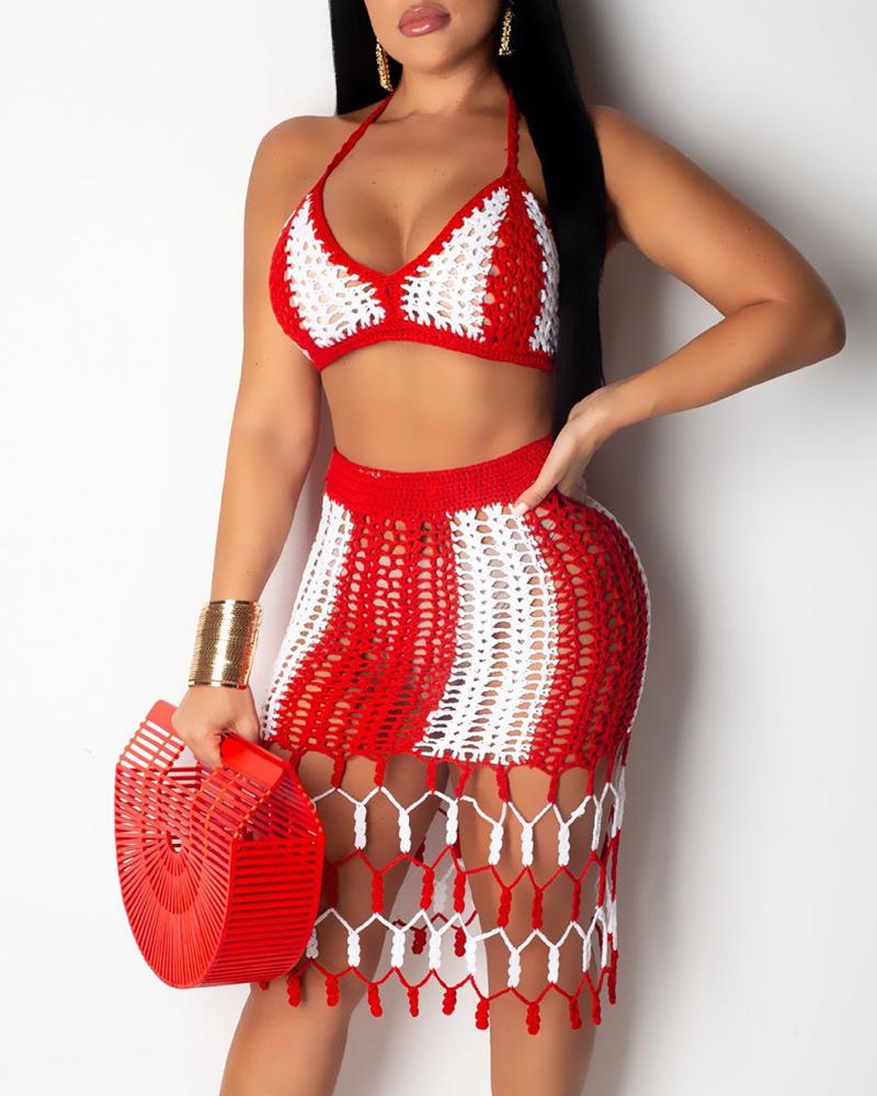 

Colorblock Knitted Halter Bikini and Tassel Design Skirt Set, Red