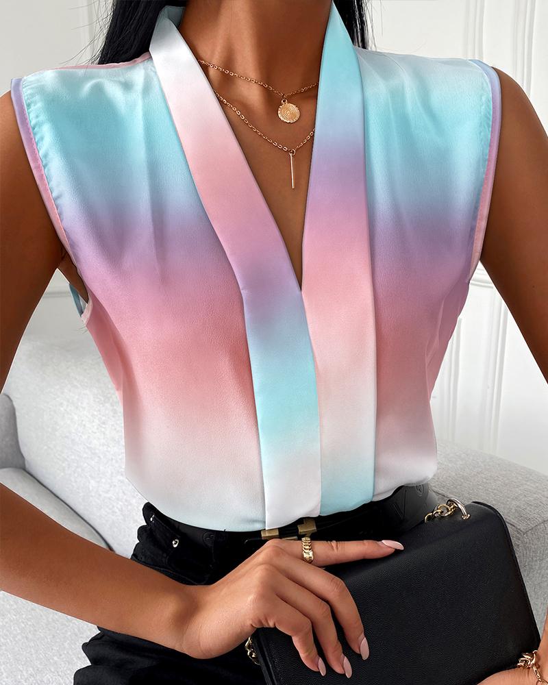 

Ombre Print V-Neck Casual Top, Multicolor