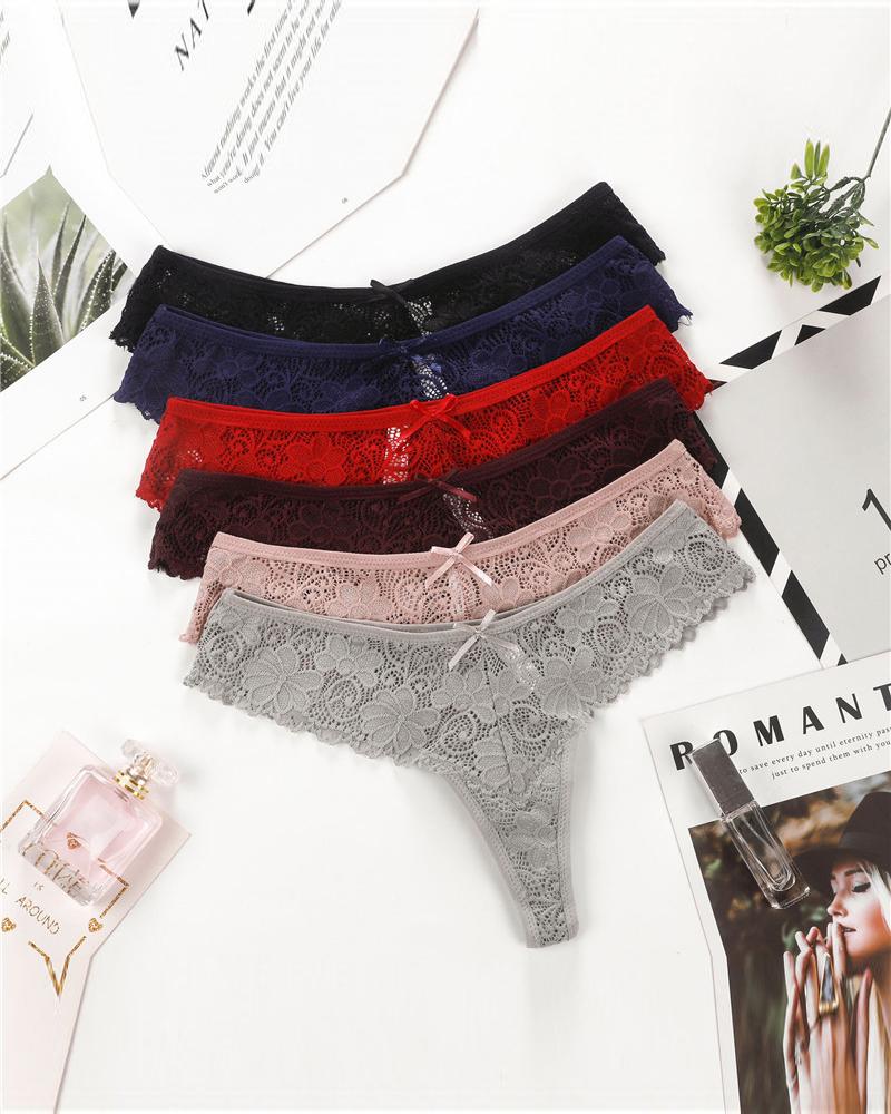 Bowknot Decor Floral Lace Thong Panty