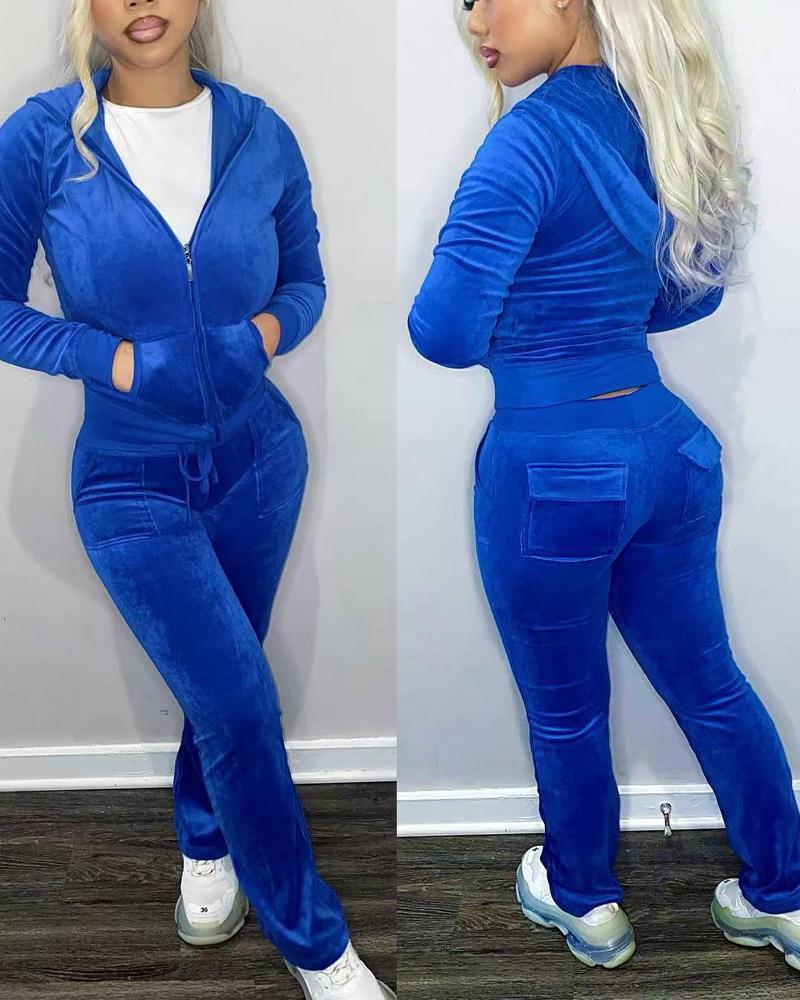 

Velvet Long Sleeve Hooded Zip Up Top & Pants Set, Blue