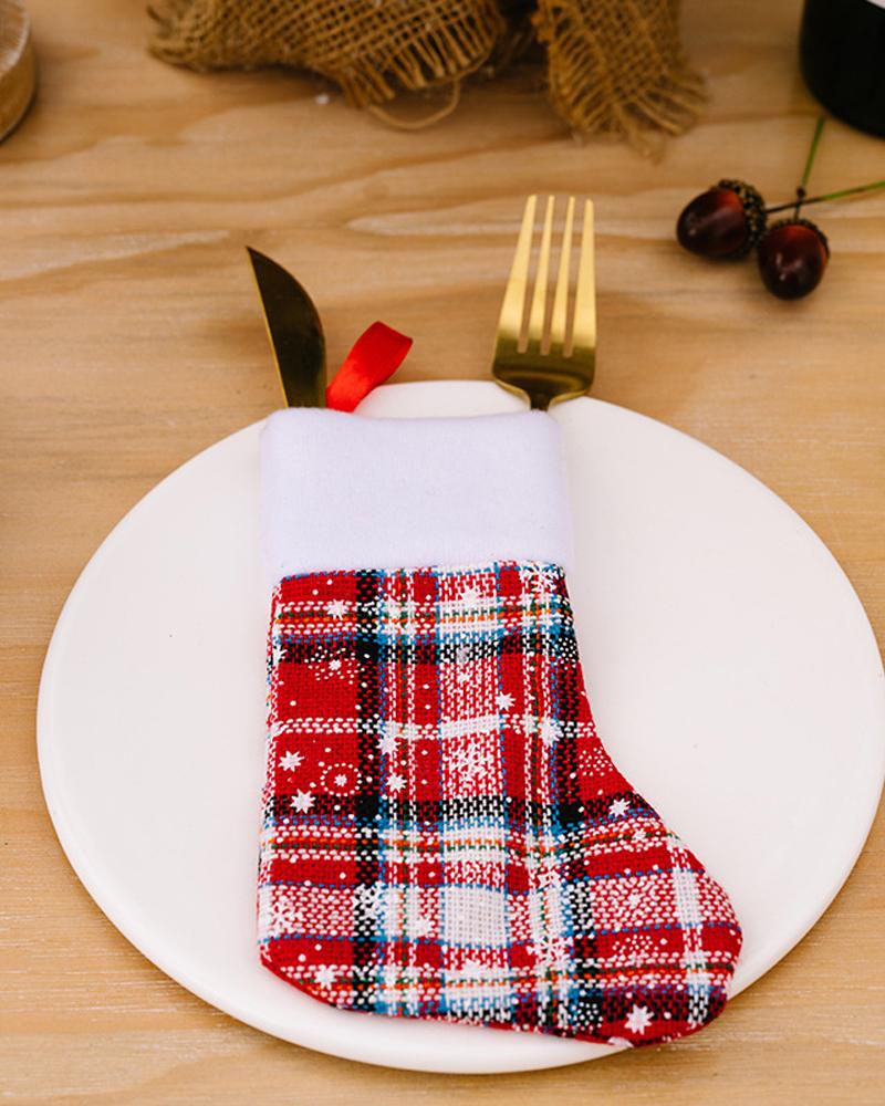 

1pc Christmas Stocking Plaid Print Hanging Stocking Christmas Tree Decoration Ornament Decoration Spoon Fork Bag Kids Gift Party Supplies, Style1