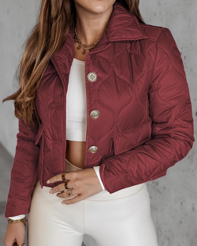 

Pocket Design Buttoned Quilted Puffer Jacket, Wine red