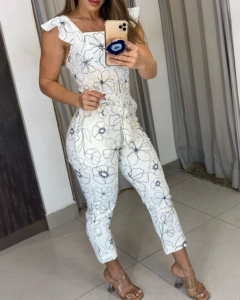 

Floral Print Ruffles Tied Detail Jumpsuit, White