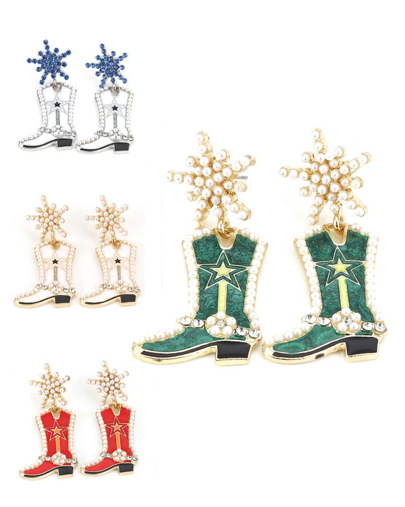 

1Pair Christmas Rhinestone Pearl Decor Boot Shaped Drop Earrings, Green