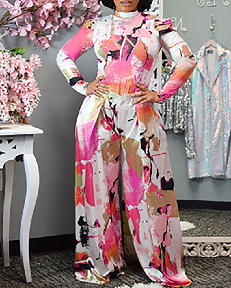 

Long Sleeve Abstract Print Top & Wide Leg Pants Set, Red
