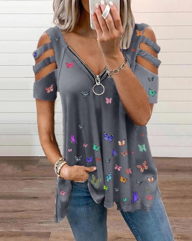 

Butterfly Print Cold Shoulder Cutout Sleeve Zip Front Top, Gray