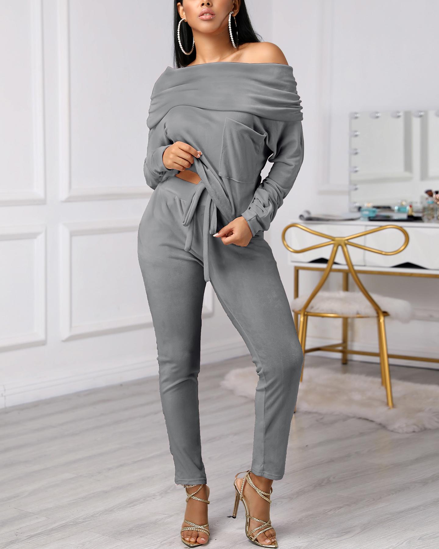 

Off Shoulder Ruched Top & Pant Sets, Gray