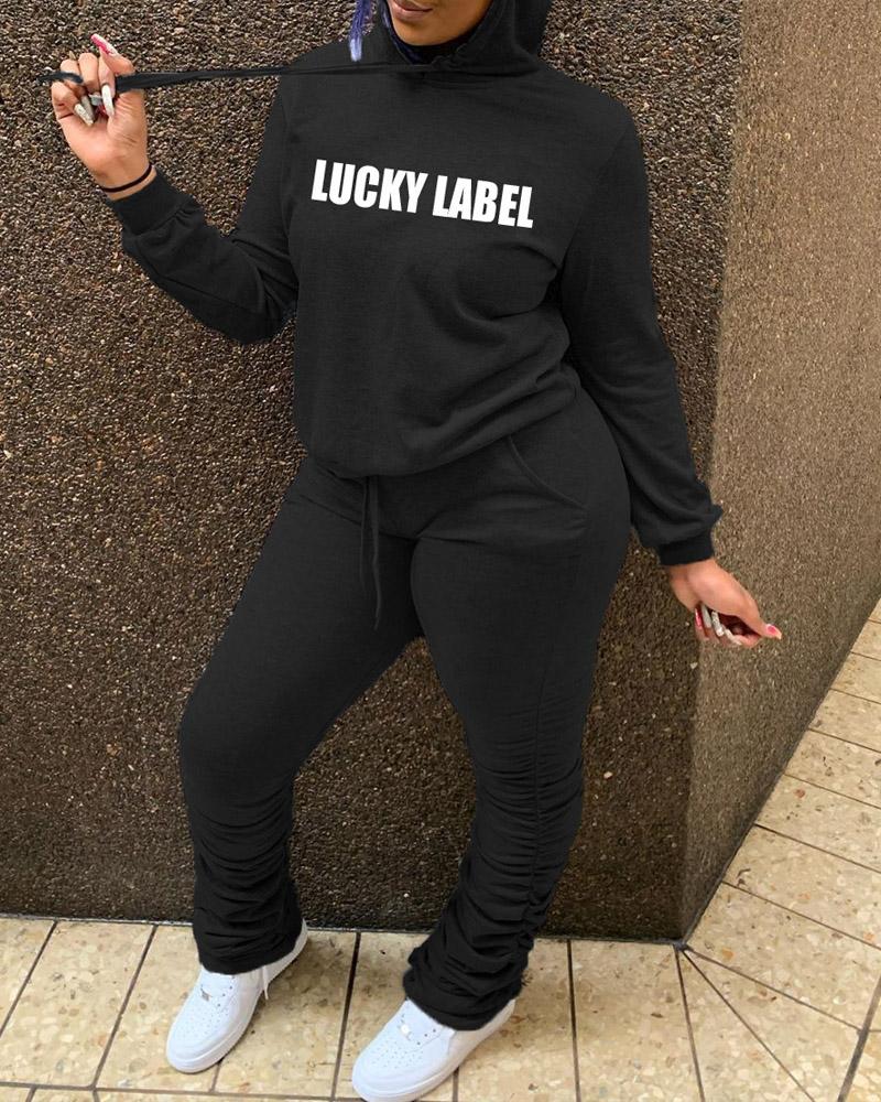 

Letter Print Drawstring Hoodie & Stacked Pants Set, Black