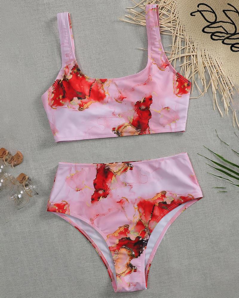 

Thick Strap Tie Dye Print U Neck Bikini Set, Pink