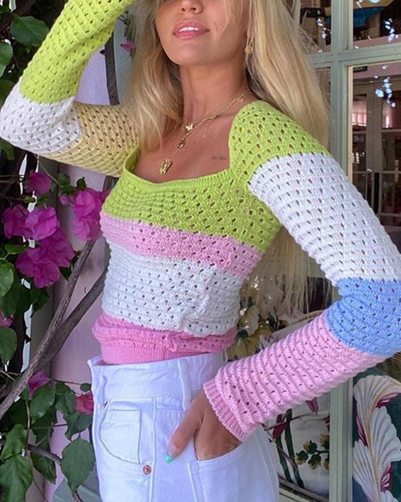 

Rainbow Stripe Square Neck Open Knit Crop Sweater, Pink