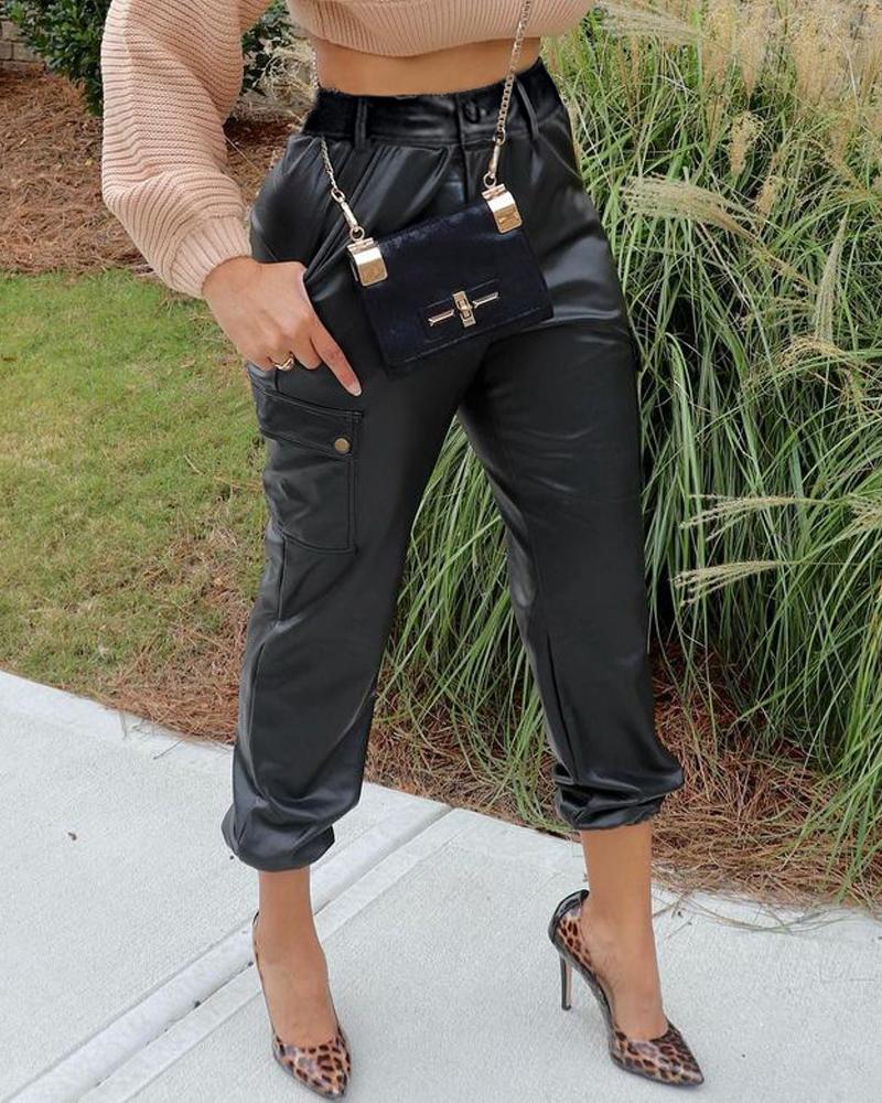 

Pocket Design PU Leather Cuffed Cargo Pants, Black