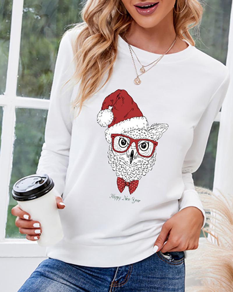 

Christmas Owl Print Long Sleeve Top, White