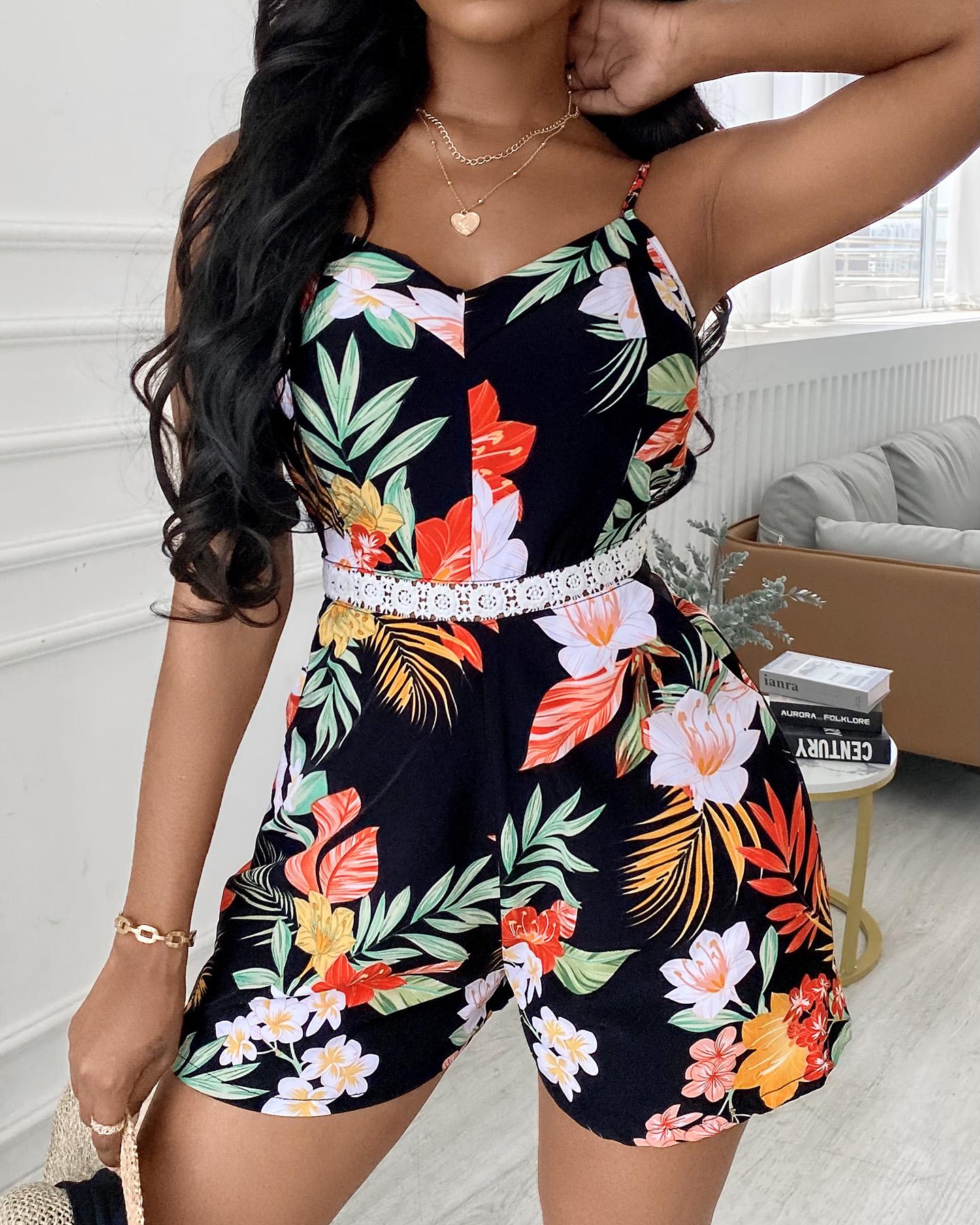 

Lace Patch Tropical Print Romper, Black