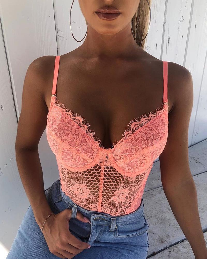 

Spaghetti Strap Eyelash Lace Bodysuit, Pink