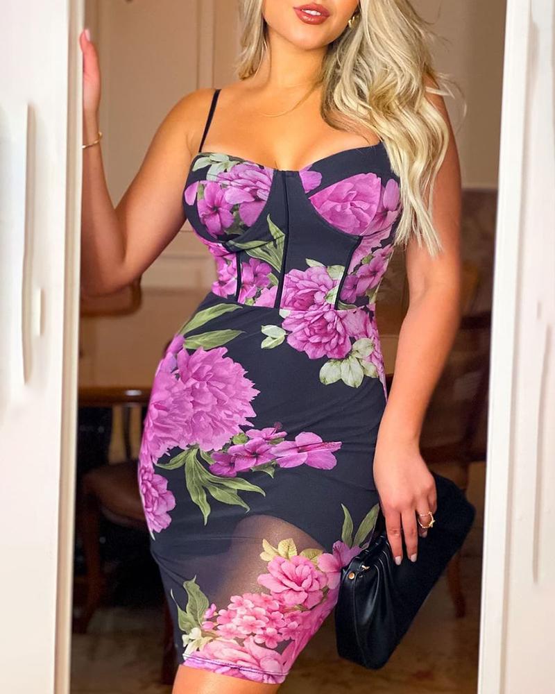 

Floral Print Spaghetti Strap Mesh Bodycon Dress, Hot pink