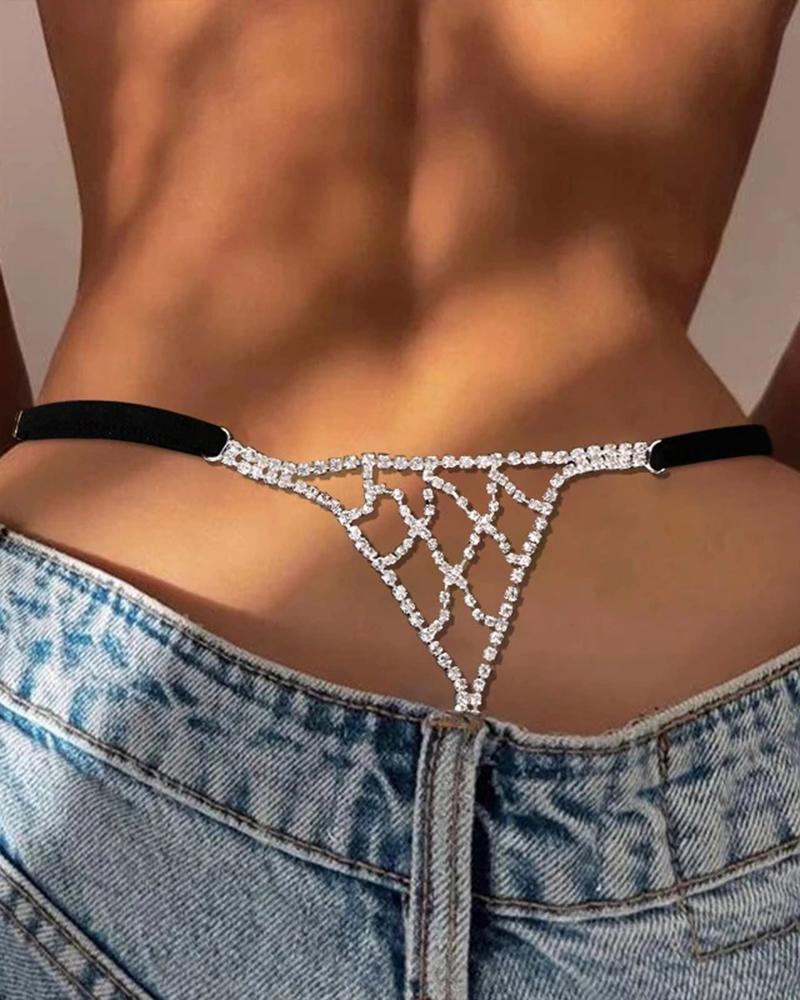 

1pc Hollow Out Rhinestone Decor Thong Panty, Silver