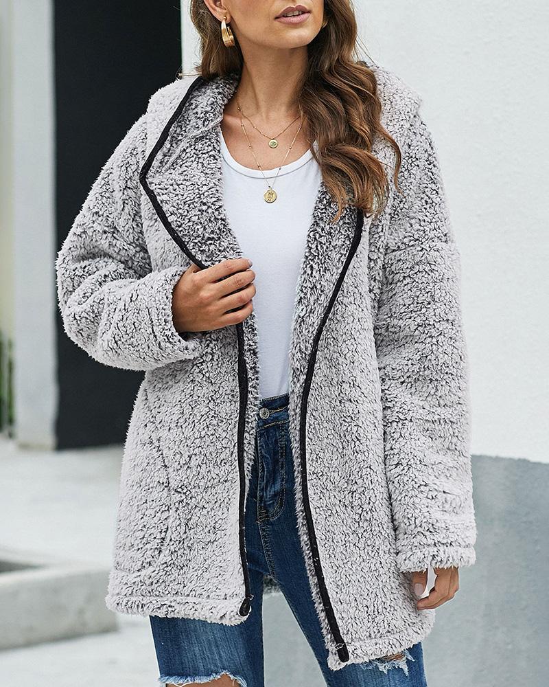 

Pocket Design Long Sleeve Hooded Casual Teddy Coat, Dark grey