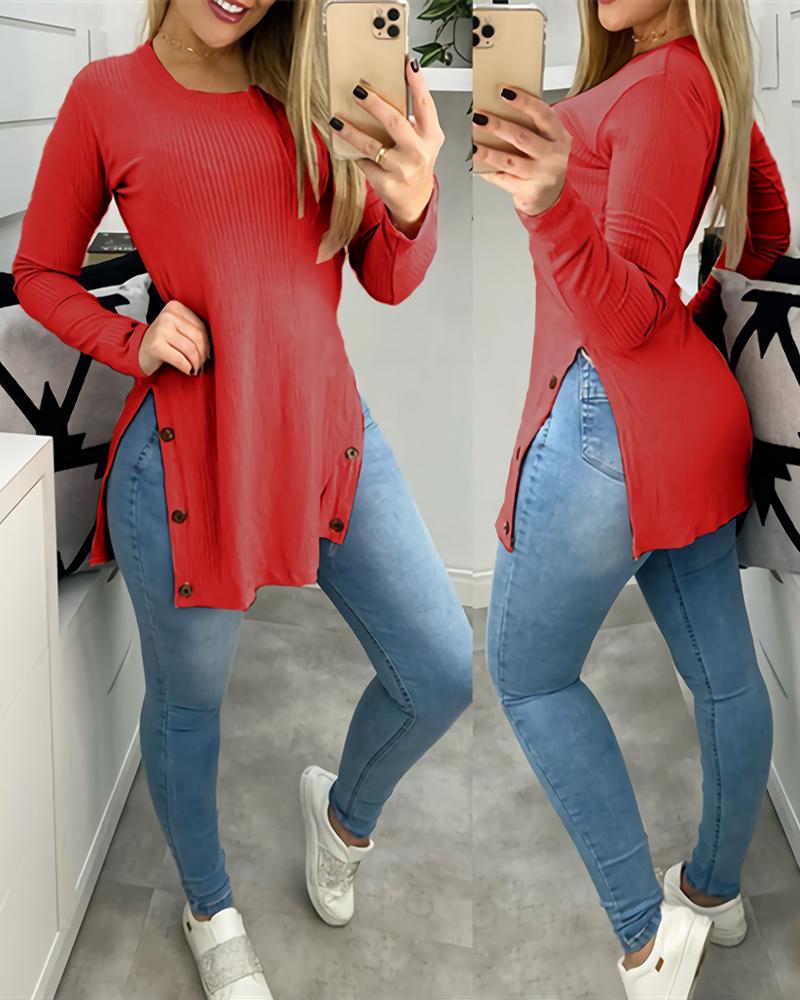 

Button Design Slit Long Sleeve Ribbed Top, Red