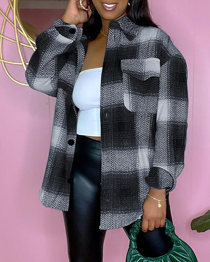 

Plaid Print Pocket Button Design Shacket, Black