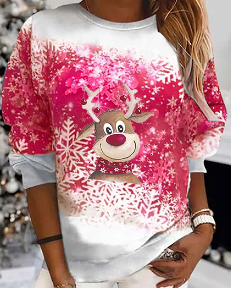 

Christmas Snowflake Elk Print Long Sleeve Top, Red