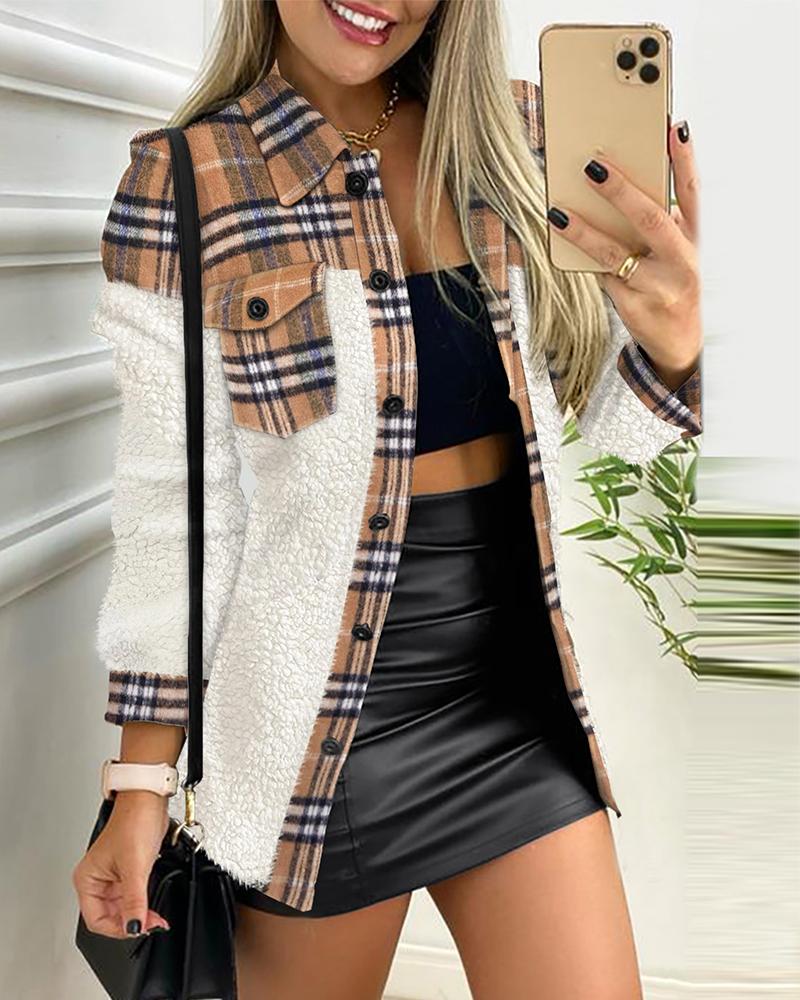 

Contrast Plaid Button Front Long Sleeve Teddy Coat, Brown