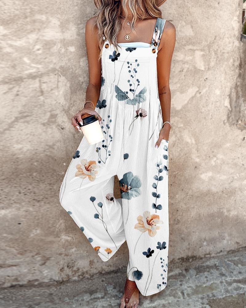 

Floral Print Wide Leg Suspender Jumpsuit, White
