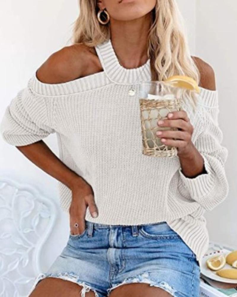 

Solid Long Sleeve Cold Shoulder Cut-out Sweaters, White