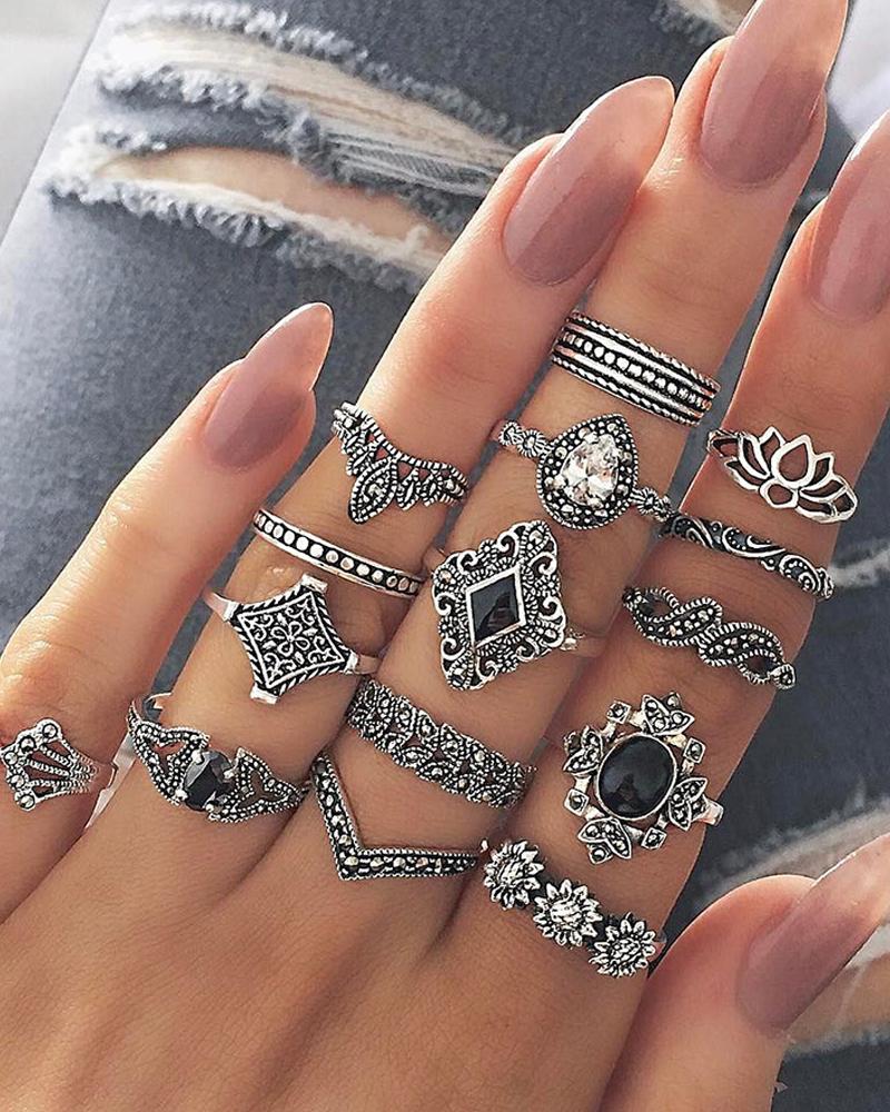 

15PCS Rhinestone & Floral Pattern Rings Set, Silver