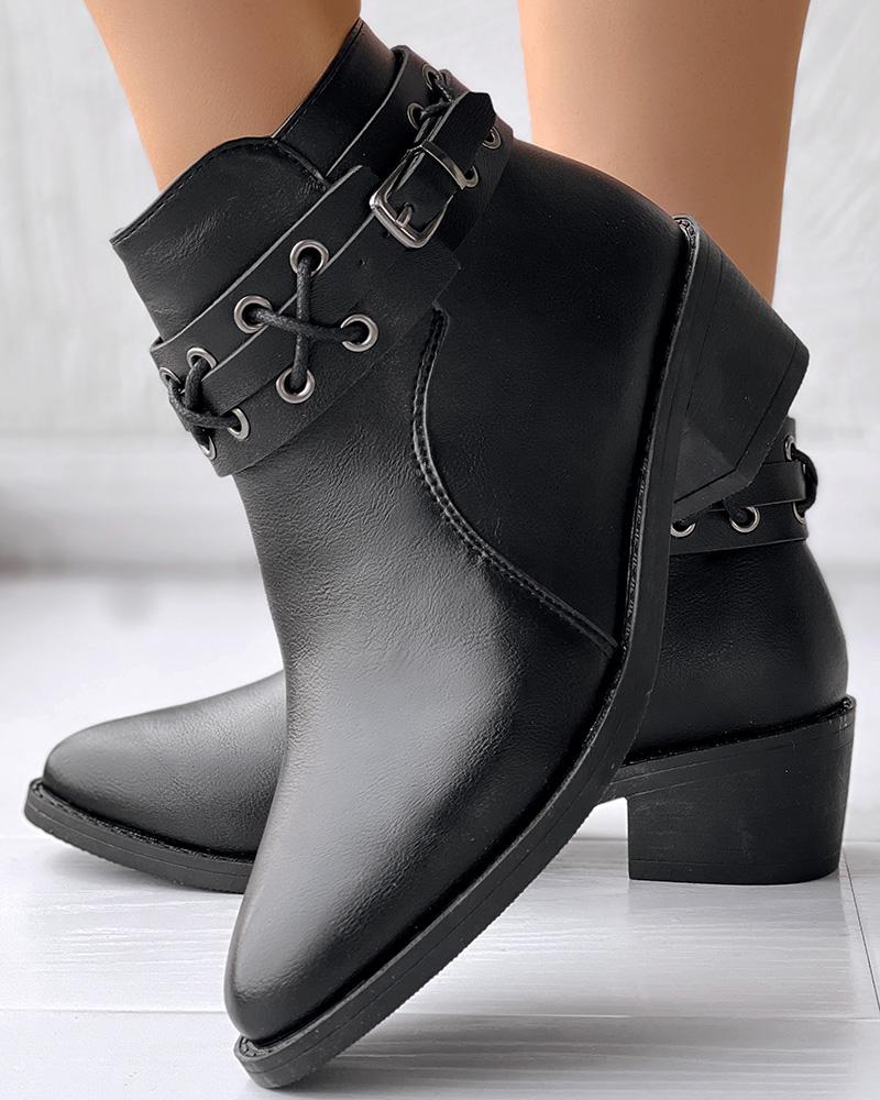 

Eyelet Lace-up Buckled Ankle Boots, Black