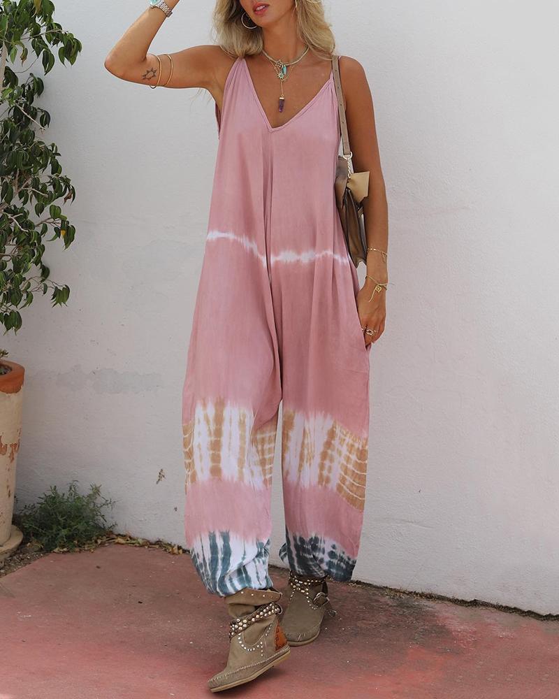 

Tie Dye Print V-Neck Cami Casual Jumpsuit, Pink