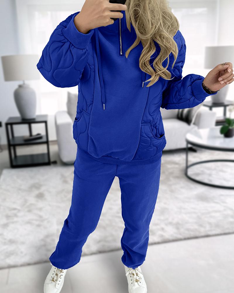 

Pullover Hooded Puffer Coat & Cuffed Pants Set, Blue