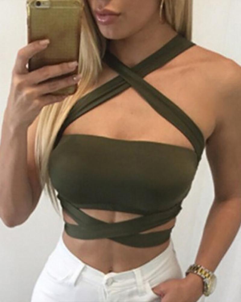 

Halter Bandage Sleeveless Skinny Crop Top, Green