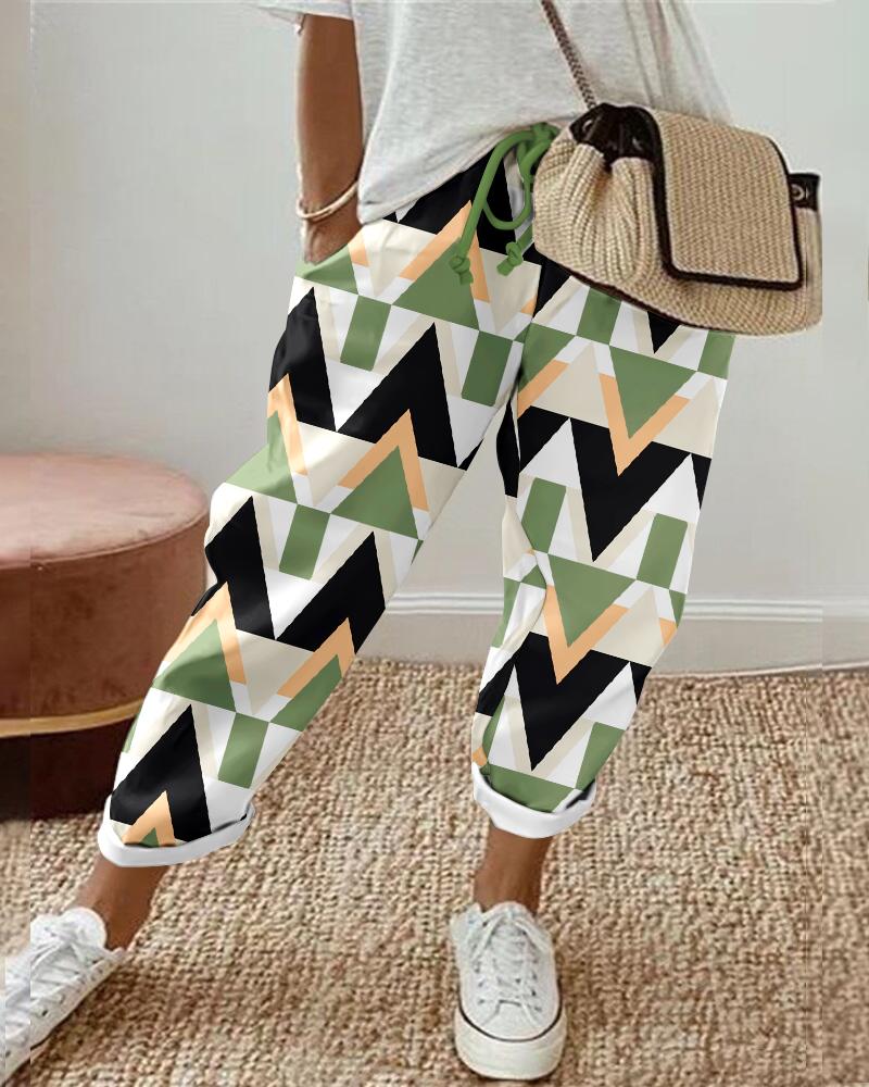 

Geometric Print Drawstring Pocket Design Pants, Green