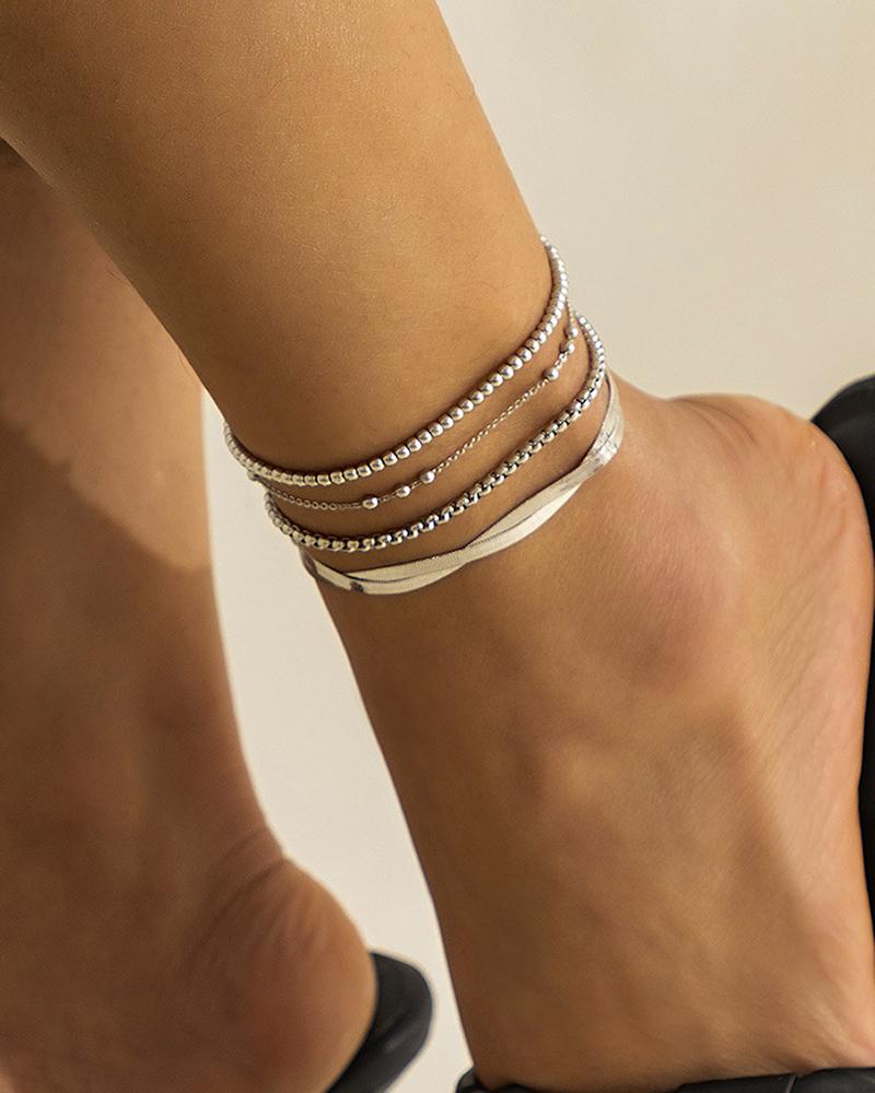 

4pcs Simple Snake Bone Beaded Chain Anklet, Silver