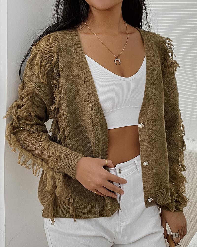 

Raw Hem Buttoned Casual Cardigan, Coffee