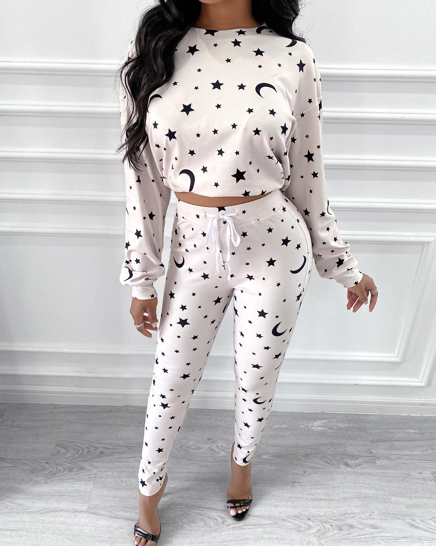 

All Over Print Crop Top & Drawstring Pants Set, Apricot